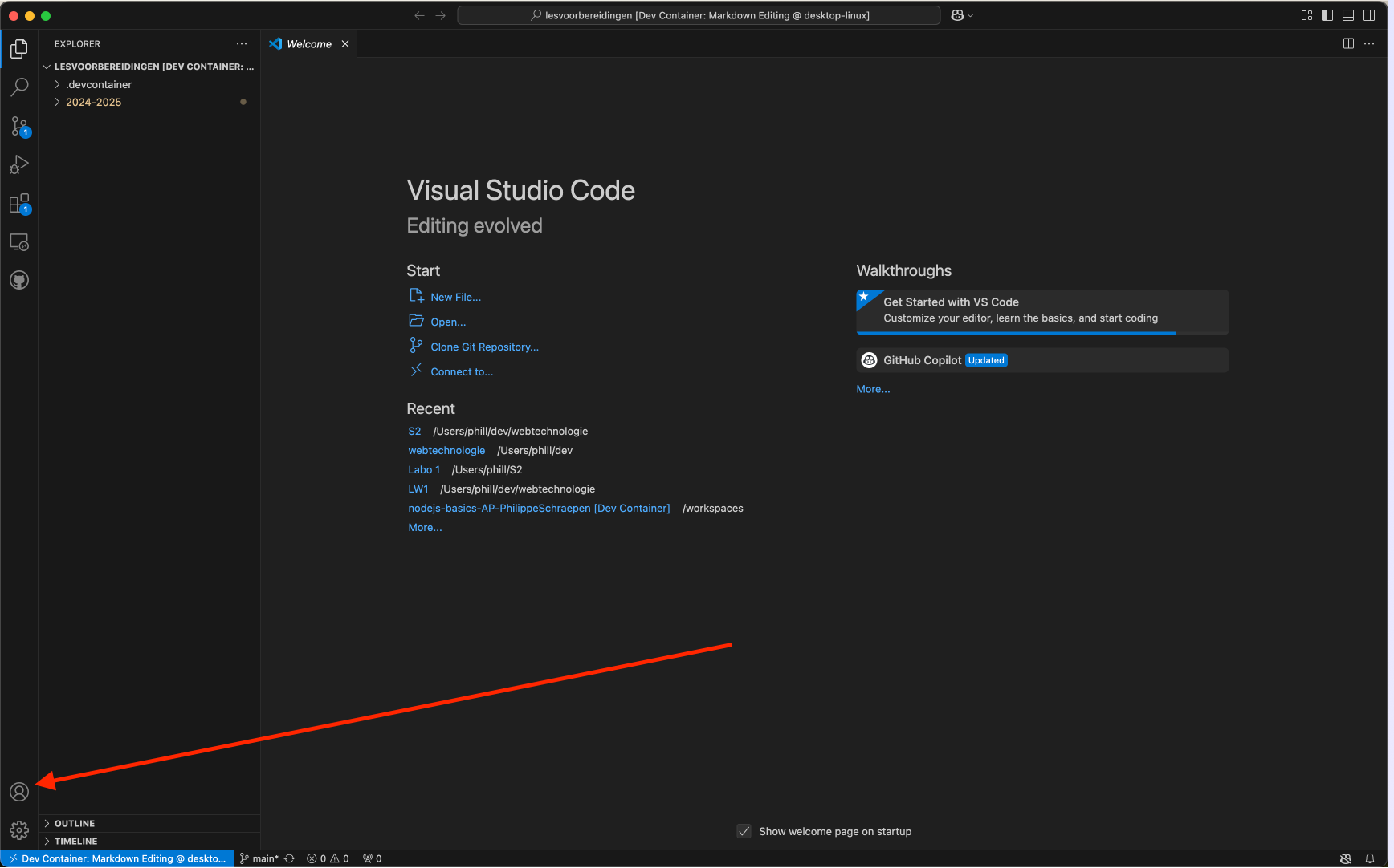 Het Accounts-menu linksonder in VS Code